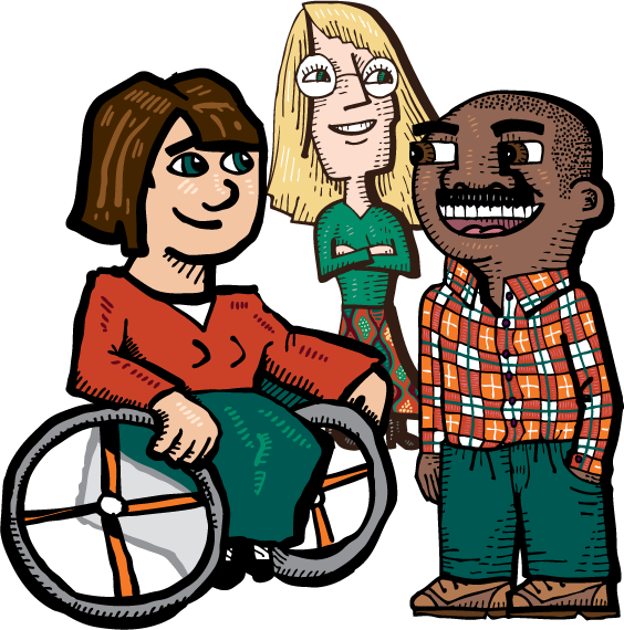 An Illustration of 3 people, one in a wheelchair, one who wears glasses. 
