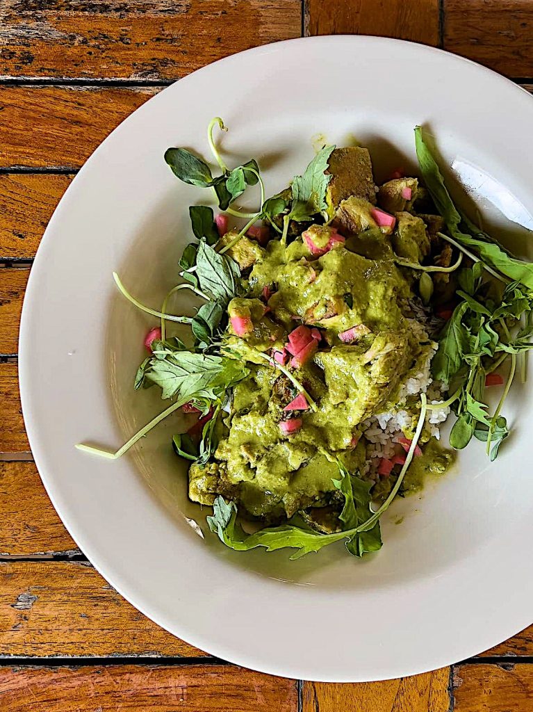 Local Lion's Mane Mushrooms, Basil and Pine Nut Pesto, and Carolina Gold Rice.